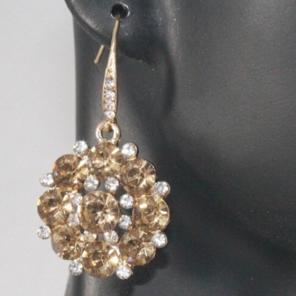 Space City Jewels Jewelry - Taupe & gold crystal dangling statement earrings